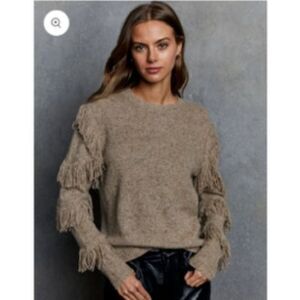 Autumn Cashmere Pure Cashmere Fringe Sweater Beige Tan Medium M Boho Chic